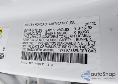 2020 Honda Accord Sport from USA, damaged, VIN 1HGCV1F30LA089185